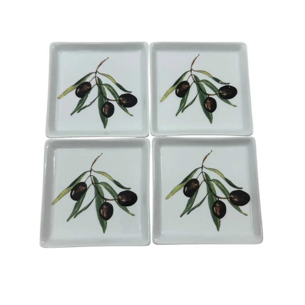 Crate & Barrel Olive Branch Porcelain Square Appetizer Plates Set of 4 White